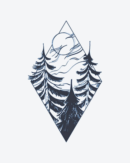 Pine Diamond semi-permanent tattoo design by INKY – Tree, Sun, Moon, Diamond, Geometric illustration, 3 x 4 in (7x10 cm), available at inkytatt.com