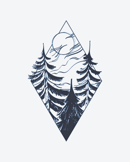 Pine Diamond semi-permanent tattoo design by INKY – Tree, Sun, Moon, Diamond, Geometric illustration, 3 x 4 in (7x10 cm), available at inkytatt.com