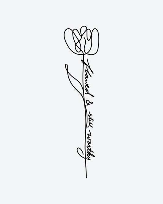 Flawed Tulip semi-permanent tattoo design by INKY – Line Art, Fine Line, Flower, Tulip, Stem illustration, 2 x 4 in (6x10 cm), available at inkytatt.com