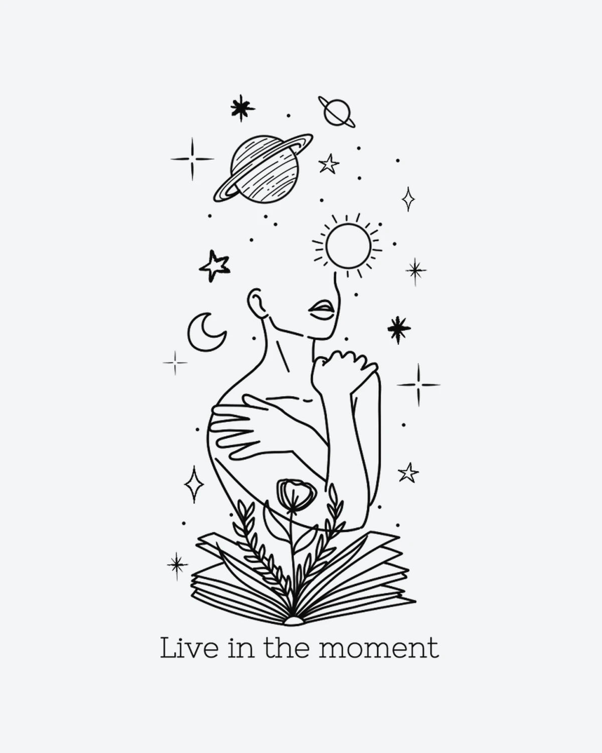 Inner Cosmos semi-permanent tattoo design by INKY – Fine Line, Sun, Moon, Flower, Star illustration, 2 x 4 in (6x10 cm), available at inkytatt.com