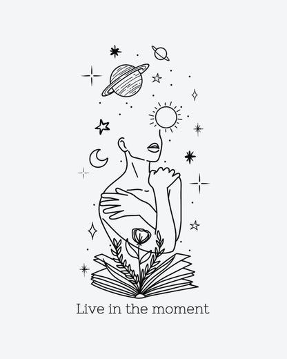 Inner Cosmos semi-permanent tattoo design by INKY – Fine Line, Sun, Moon, Flower, Star illustration, 2 x 4 in (6x10 cm), available at inkytatt.com