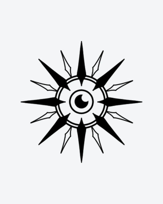 Eyeburst semi-permanent tattoo design by INKY – Rose, Compass, Diamond, Eye, Geometric illustration, 2 x 2 in (4x4 cm), available at inkytatt.com