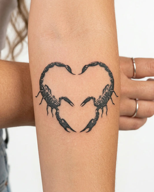 INKY Scorpion Hear semi-permanent tattoo applied on a woman – 3 x 3 in (7x7 cm) design, realistic ink look, lasts 10 days