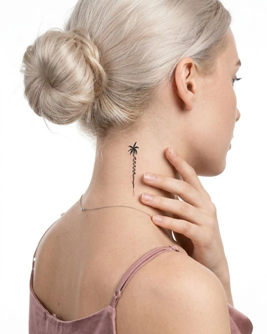 INKY Palm Wave semi-permanent tattoo applied on a woman – 2 x 2 in (4x4 cm) design, realistic ink look, lasts 10 days
