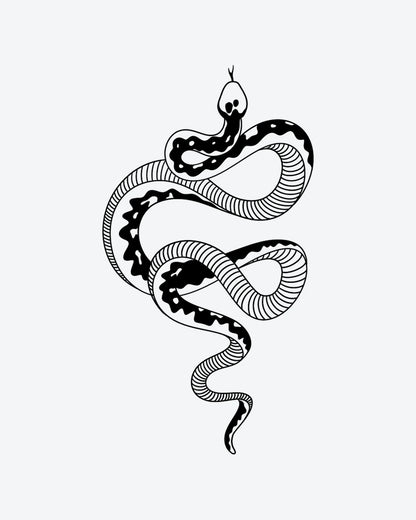 Coiled Snake 2 semi-permanent tattoo design by INKY – Fine Line, Snake, Eye illustration, 4 x 7 in (10x17 cm), available at inkytatt.com