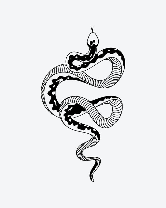 Coiled Snake 2 semi-permanent tattoo design by INKY – Fine Line, Snake, Eye illustration, 4 x 7 in (10x17 cm), available at inkytatt.com
