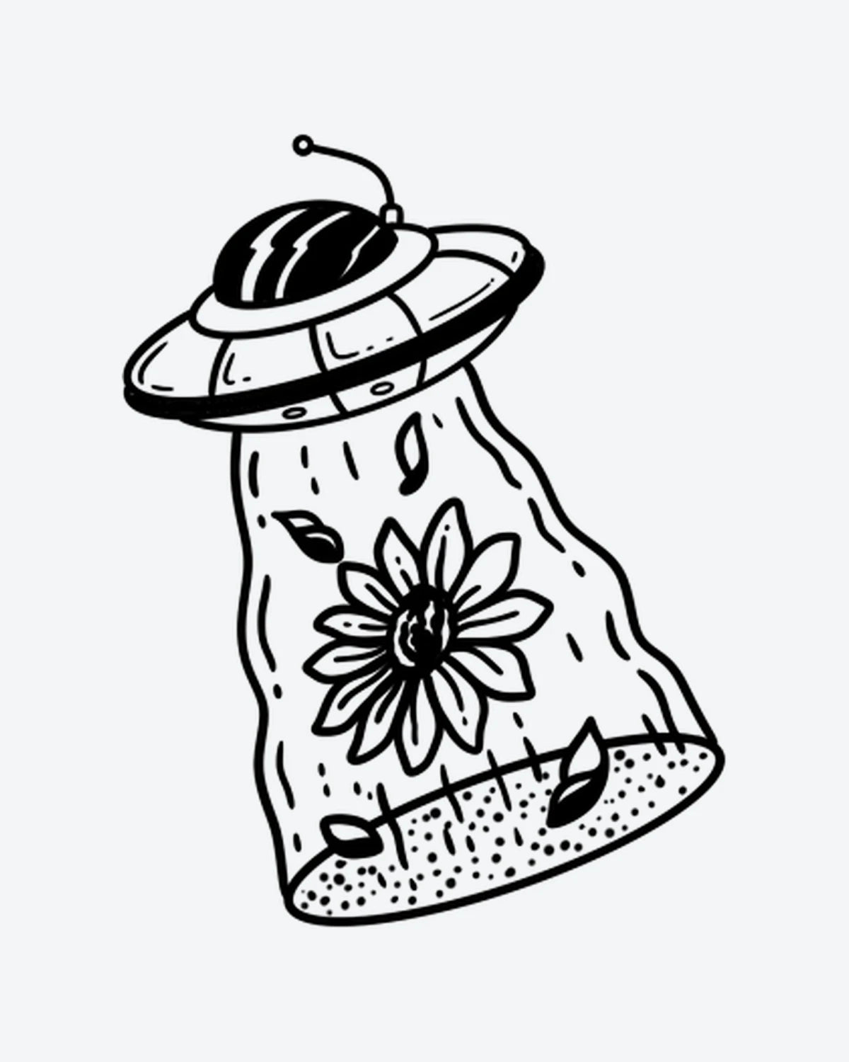 UFO Flower semi-permanent tattoo design by INKY – Flower, Leaves, Dotwork, Petal illustration, 2 x 2 in (4x4 cm), available at inkytatt.com