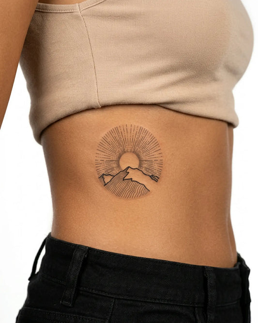 INKY Sunburst semi-permanent tattoo applied on a woman – 3 x 3 in (7x7 cm) design, realistic ink look, lasts 10 days