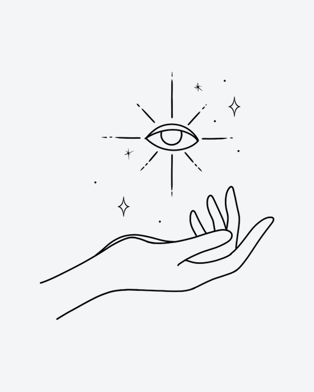 Cosmic Hand semi-permanent tattoo design by INKY – Fine Line, Star, Eye, Dots, Hand illustration, 2 x 2 in (4x4 cm), available at inkytatt.com