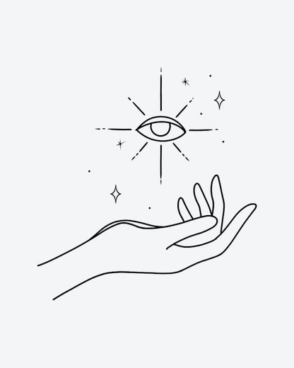 Cosmic Hand semi-permanent tattoo design by INKY – Fine Line, Star, Eye, Dots, Hand illustration, 2 x 2 in (4x4 cm), available at inkytatt.com