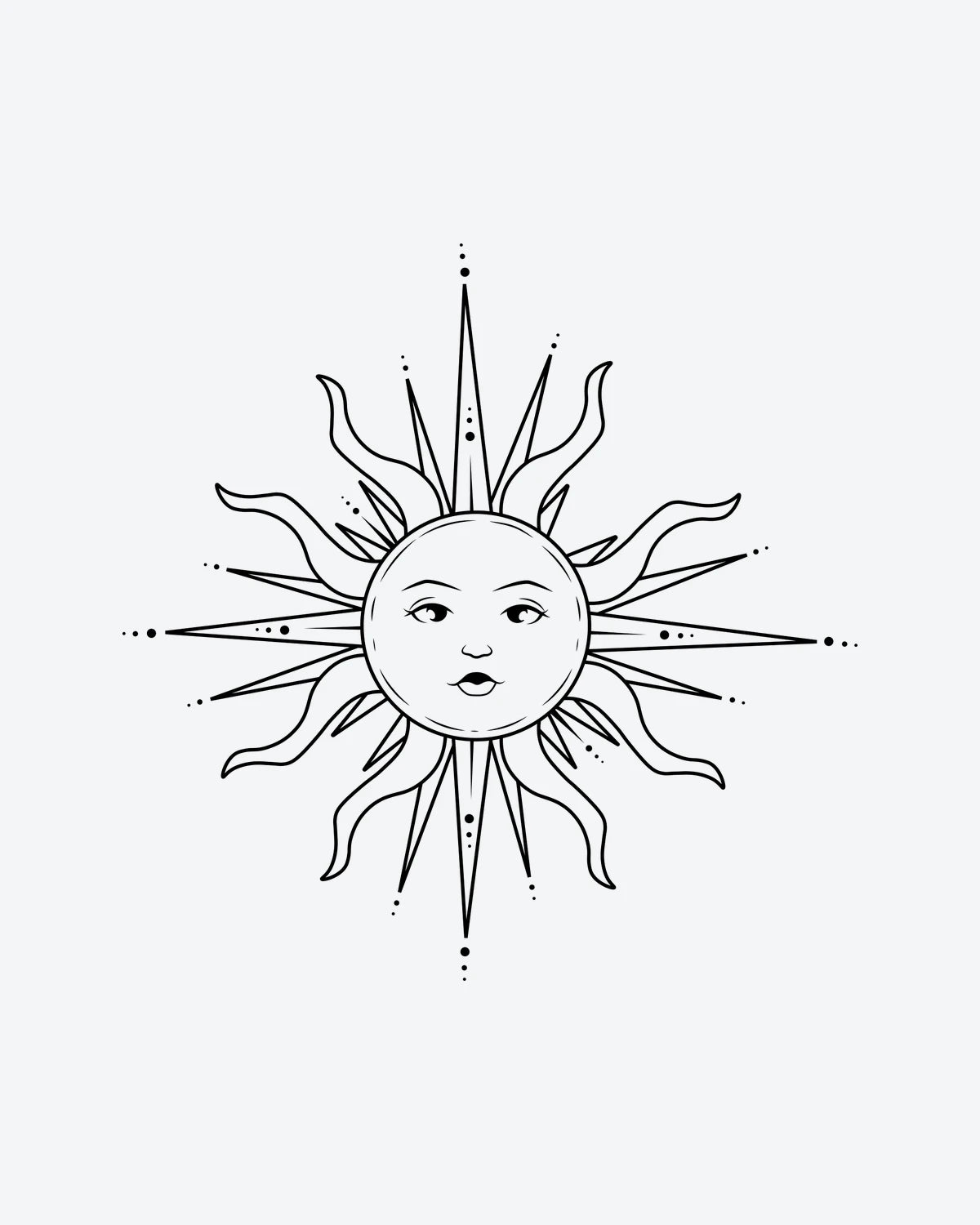 Radiant Sol semi-permanent tattoo design by INKY – Fine Line, Sun, Eye, Dotwork, Face illustration, 0.5 x 0.5 in (1x1 cm), available at inkytatt.com
