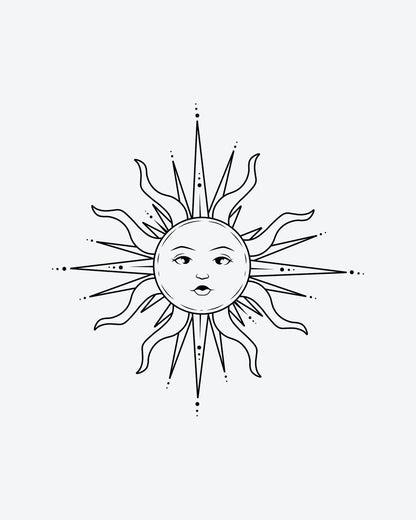 Radiant Sol semi-permanent tattoo design by INKY – Fine Line, Sun, Eye, Dotwork, Face illustration, 0.5 x 0.5 in (1x1 cm), available at inkytatt.com