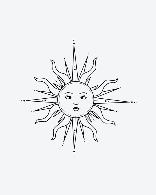 Radiant Sol semi-permanent tattoo design by INKY – Fine Line, Sun, Eye, Dotwork, Face illustration, 0.5 x 0.5 in (1x1 cm), available at inkytatt.com