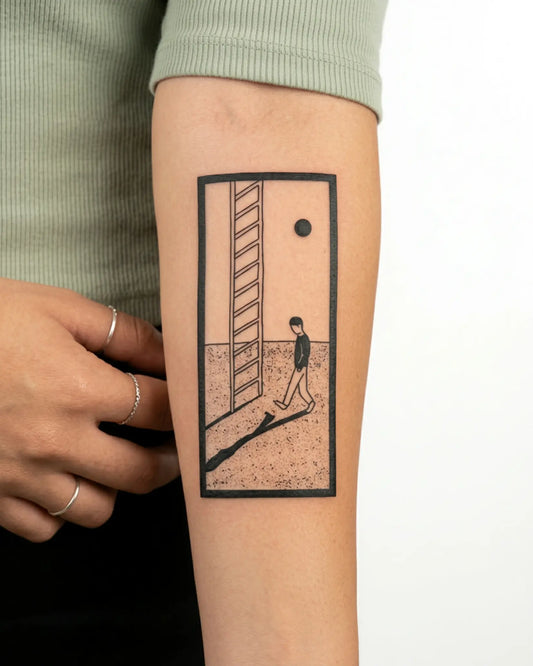 INKY Walk Away semi-permanent tattoo applied on a woman – 2 x 4 in (6x10 cm) design, realistic ink look, lasts 10 days