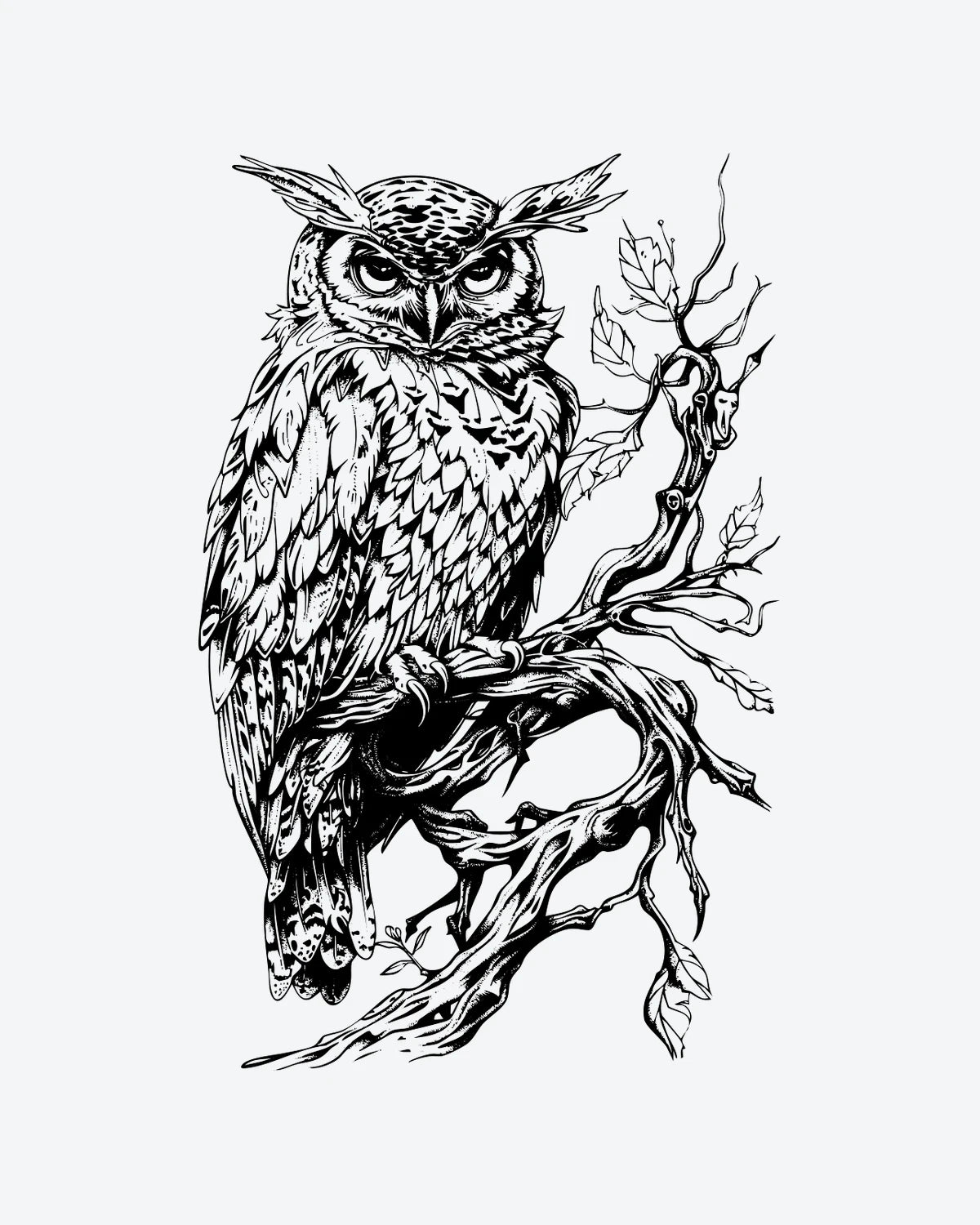 Wise Owl semi-permanent tattoo design by INKY – Leaves, Bird, Feather, Owl, Pattern illustration, 4 x 7 in (10x17 cm), available at inkytatt.com