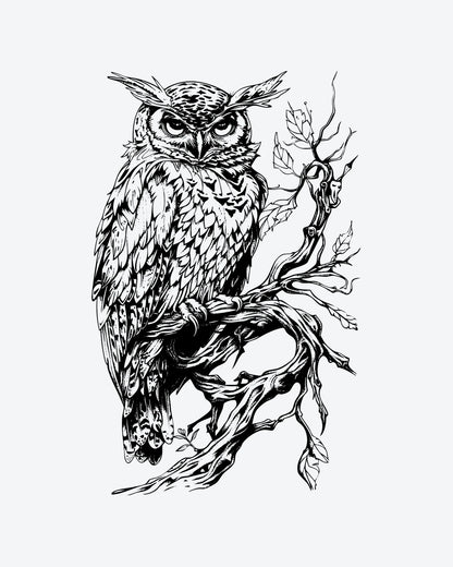 Wise Owl semi-permanent tattoo design by INKY – Leaves, Bird, Feather, Owl, Pattern illustration, 4 x 7 in (10x17 cm), available at inkytatt.com