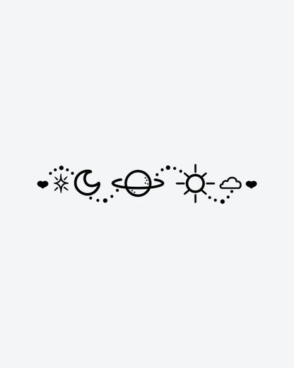 Celestial Dot semi-permanent tattoo design by INKY – Crescent Moon, Fine Line, Sun, Star, Planet illustration, 2 x 4 in (6x10 cm), available at inkytatt.com