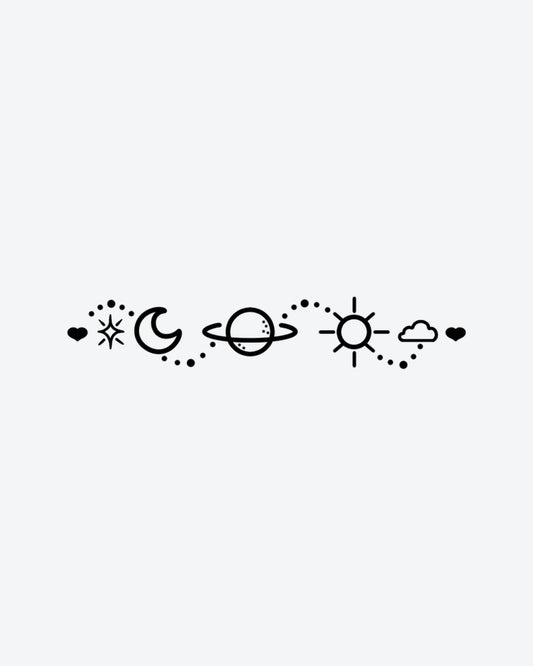 Celestial Dot semi-permanent tattoo design by INKY – Crescent Moon, Fine Line, Sun, Star, Planet illustration, 2 x 4 in (6x10 cm), available at inkytatt.com
