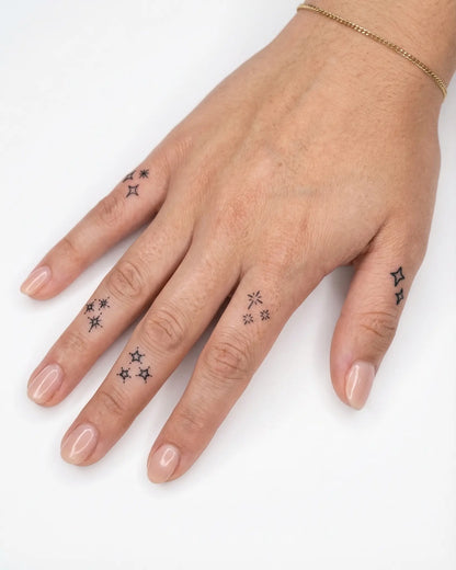 INKY Twinkles semi-permanent tattoo applied on a woman – 3 x 3 in (7x7 cm) design, realistic ink look, lasts 10 days