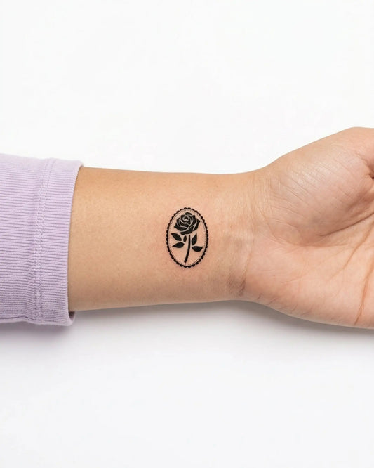 INKY Rose Cameo semi-permanent tattoo applied on a woman – 0.5 x 0.5 in (1x1 cm) design, realistic ink look, lasts 10 days