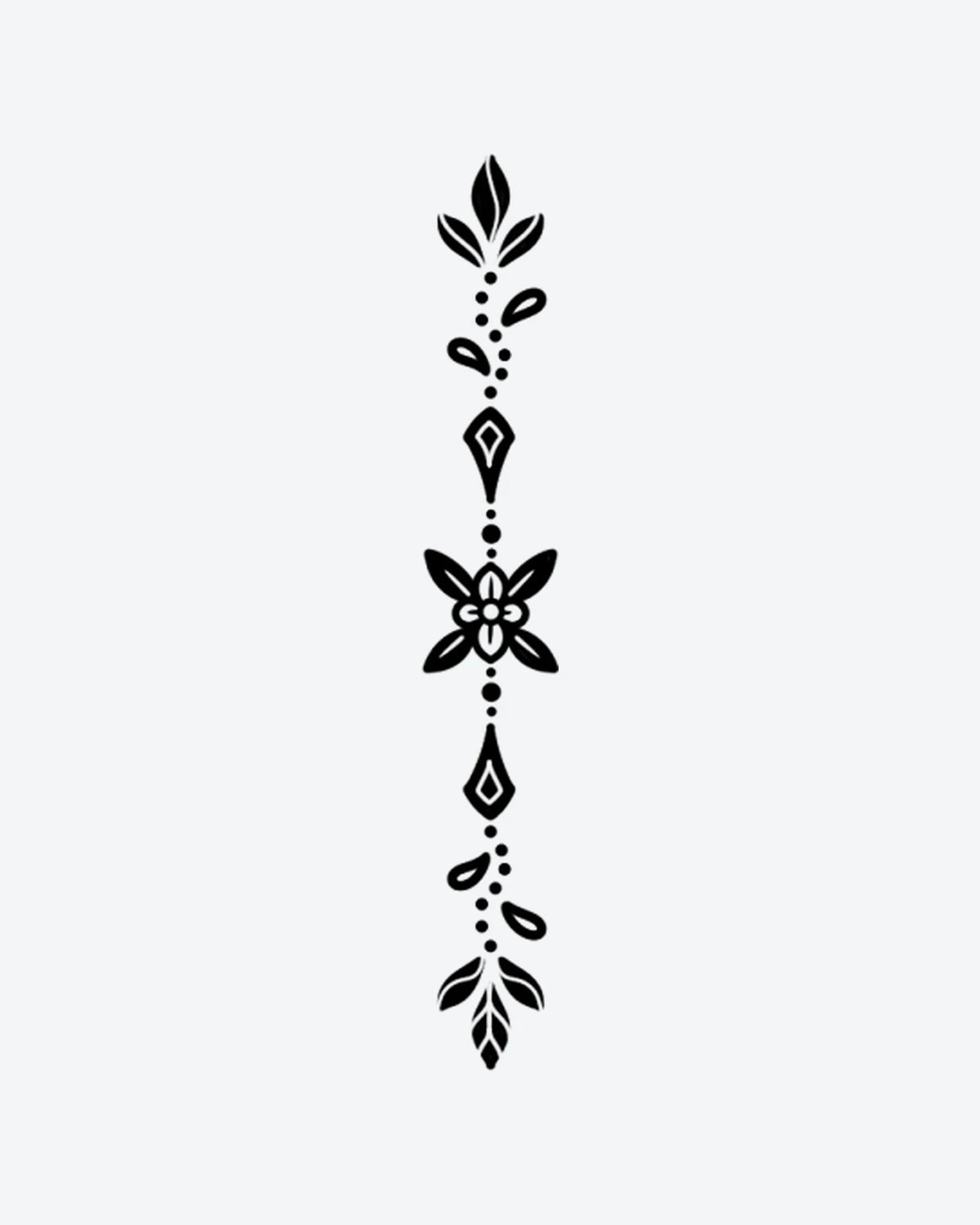 Floral Charm semi-permanent tattoo design by INKY – Flower, Leaf, Diamond, Dots, Spine illustration, 2 x 4 in (6x10 cm), available at inkytatt.com