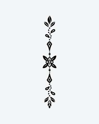 Floral Charm semi-permanent tattoo design by INKY – Flower, Leaf, Diamond, Dots, Spine illustration, 2 x 4 in (6x10 cm), available at inkytatt.com