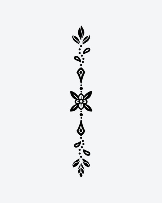 Floral Charm semi-permanent tattoo design by INKY – Flower, Leaf, Diamond, Dots, Spine illustration, 2 x 4 in (6x10 cm), available at inkytatt.com