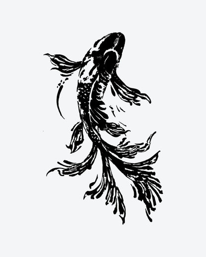 Black Koi semi-permanent tattoo design by INKY – Fish, Koi illustration, 3 x 3 in (7x7 cm), available at inkytatt.com