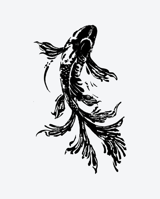 Black Koi semi-permanent tattoo design by INKY – Fish, Koi illustration, 3 x 3 in (7x7 cm), available at inkytatt.com