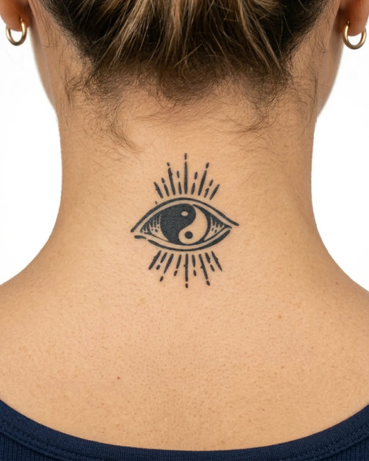 INKY Yin Yang Eye semi-permanent tattoo applied on a woman – 2 x 2 in (4x4 cm) design, realistic ink look, lasts 10 days