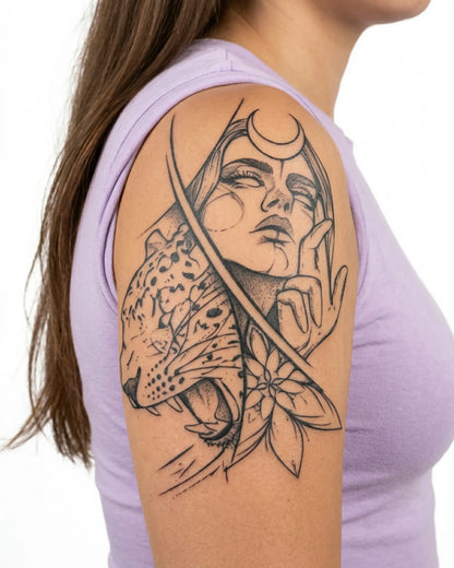 INKY Wild Goddess semi-permanent tattoo applied on a woman – 4 x 7 in (10x17 cm) design, realistic ink look, lasts 10 days